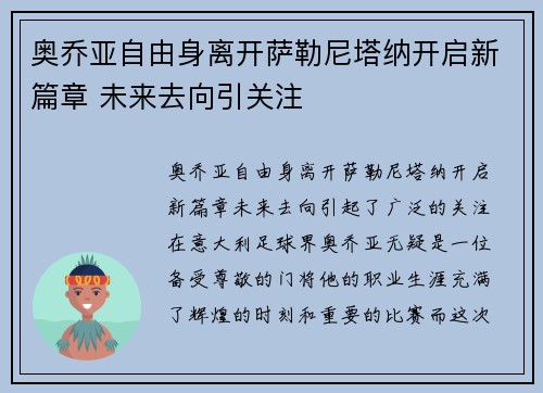 奥乔亚自由身离开萨勒尼塔纳开启新篇章 未来去向引关注